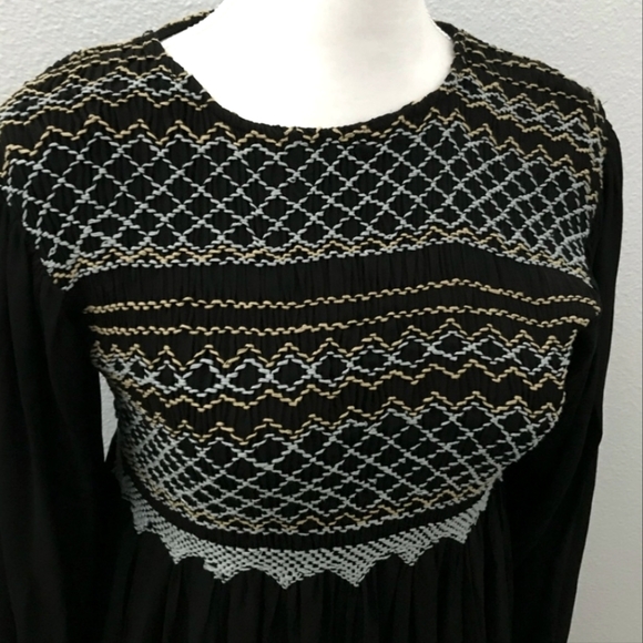🆕 Free People Long Sleeve Black Dress. Smocked & Embroidery Detailed. NWT - Picture 8 of 15